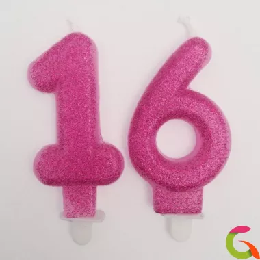 Свеча цифра 16 розовая с блестками