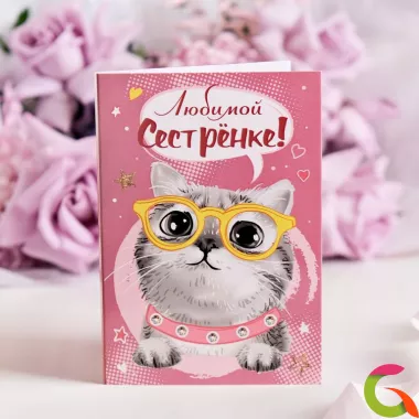 Открытка 4 шоколадки Любимой сестренке (кошка в очках)