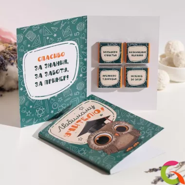 Открытка 4 шоколадки Любимому учителю (совенок)